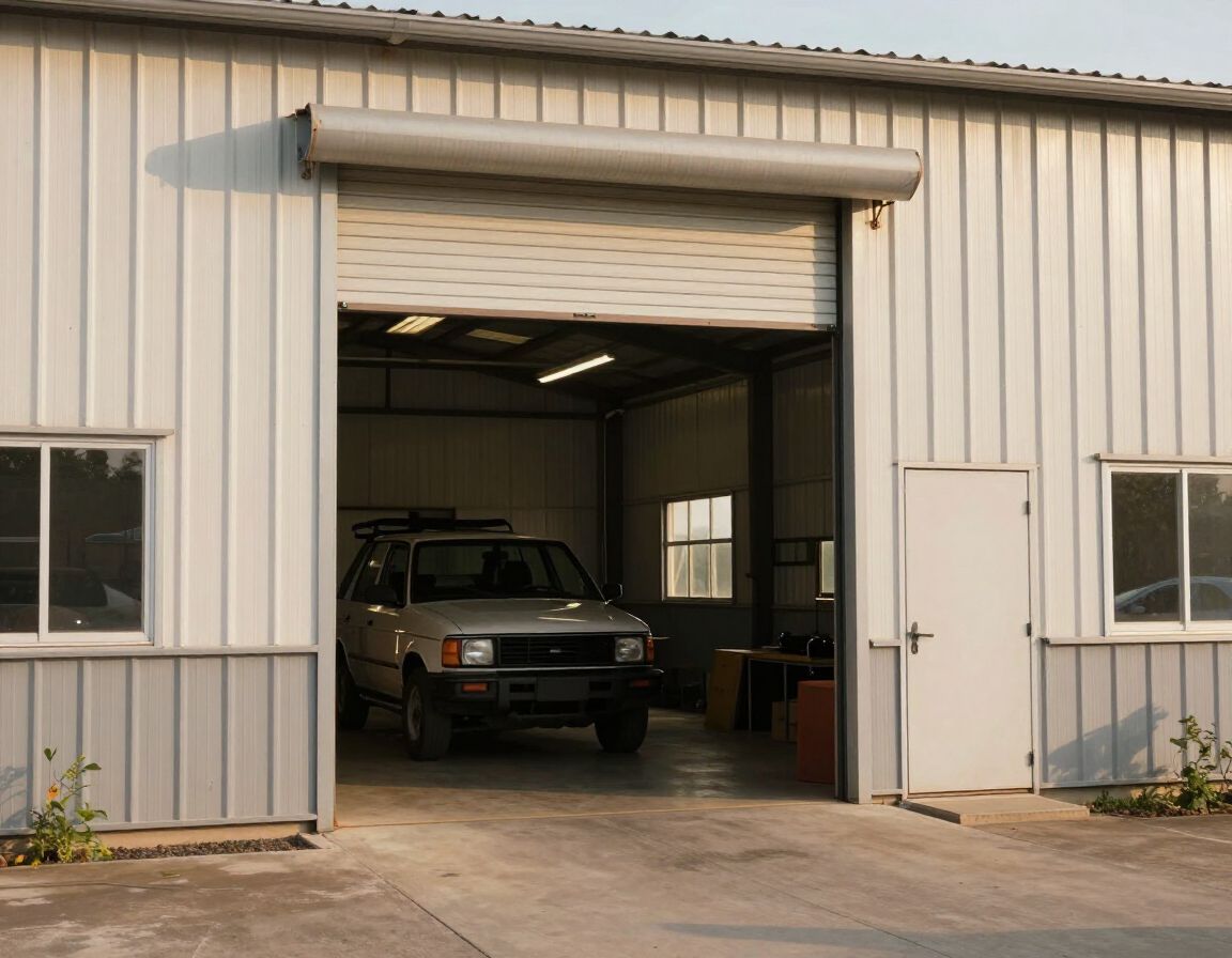 View from outside metal workshop through open roll-up door showing vehicle inside and side walk-in door