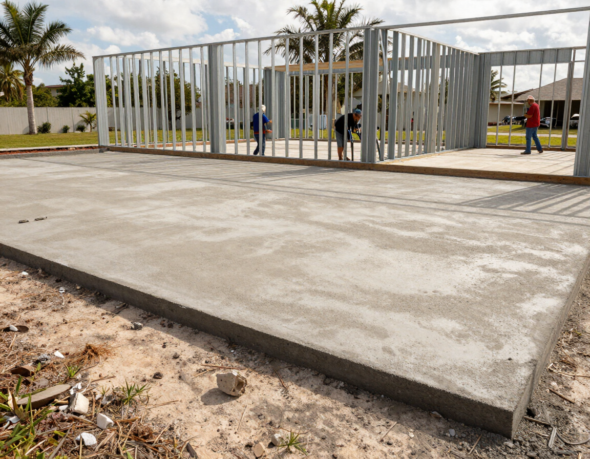 Concrete slab being poured on a Florida property with metal building frame in background