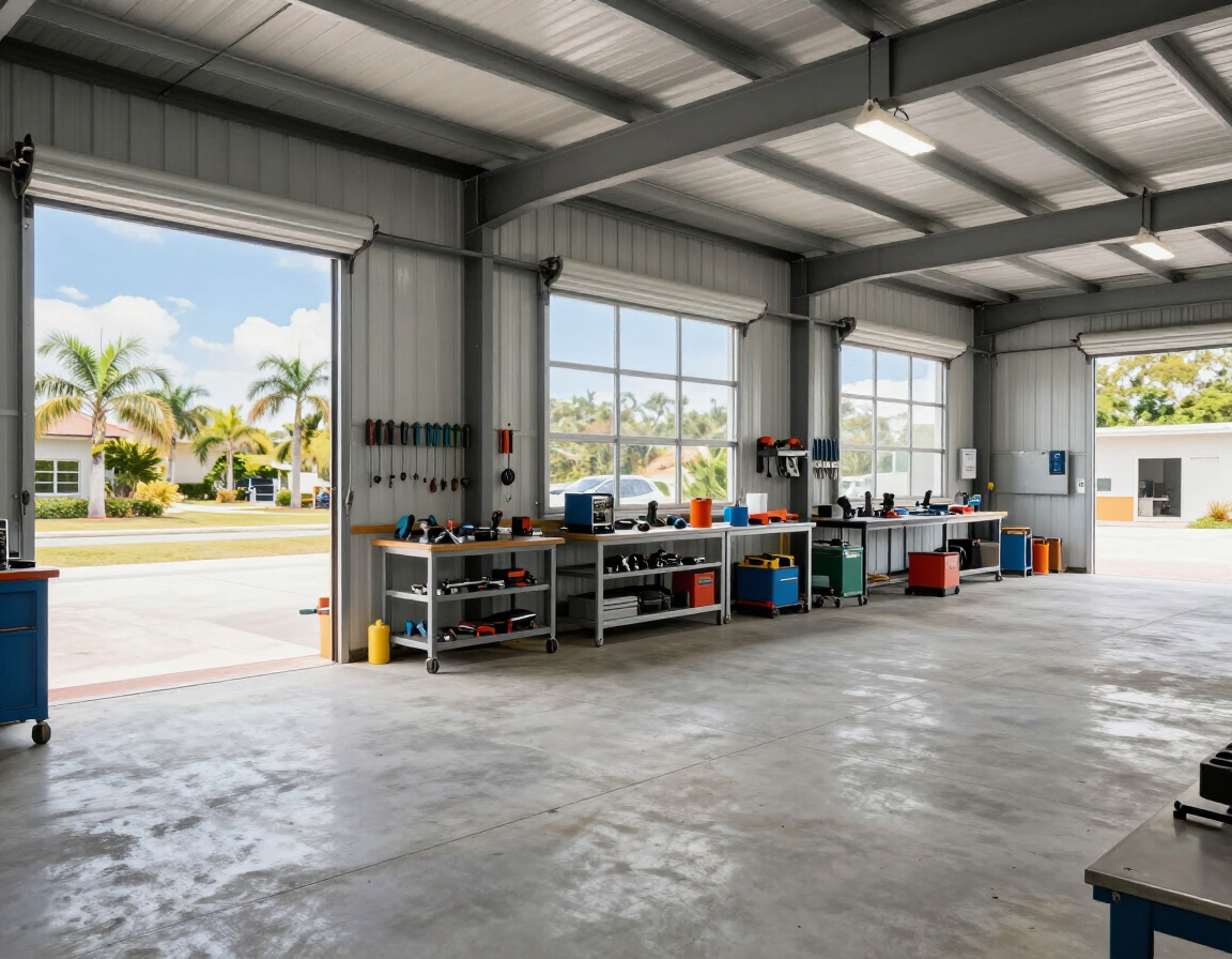 Metal workshop interior with roll-up doors open