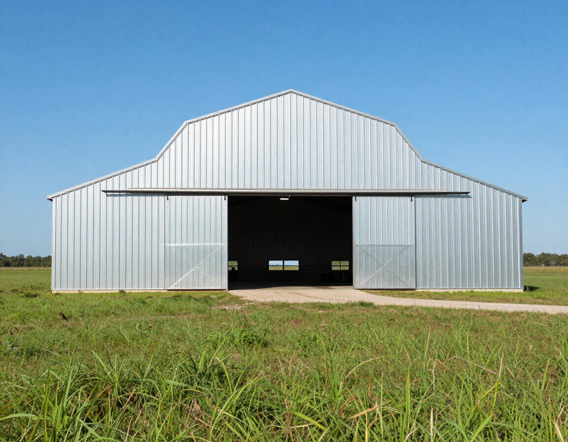 Steel agricultural barn on open Florida land