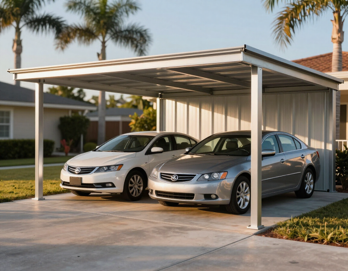 Metal carport shading vehicles in a Florida driveway