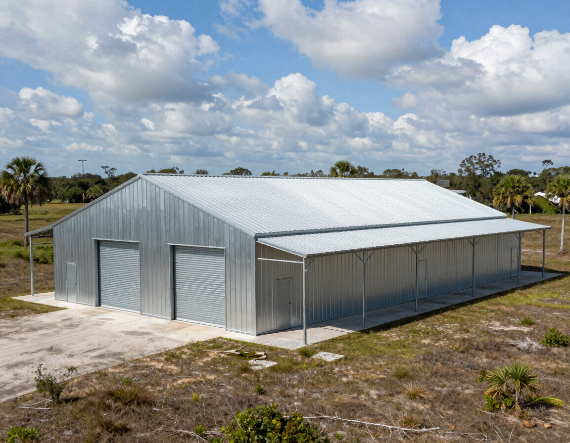 Custom metal building with lean-to on a rural Florida property