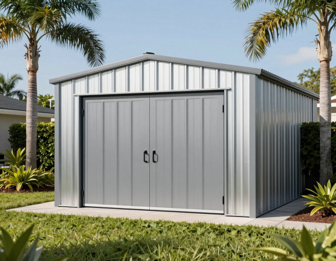 Metal storage building on a residential Florida lot