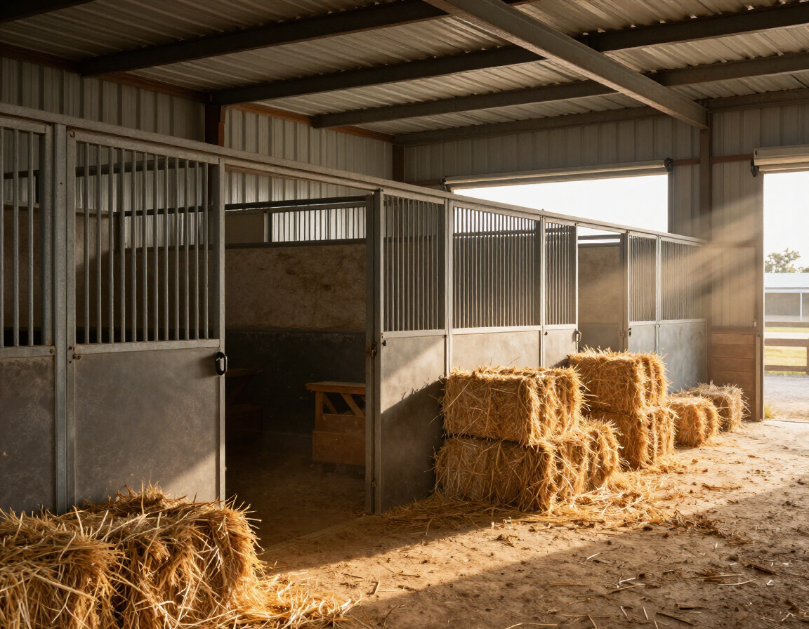 Metal horse barn interior with stall dividers and hay bales