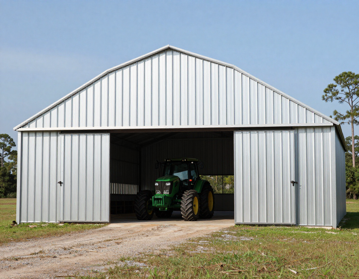 Large metal barn with roll-up doors open and tractor inside