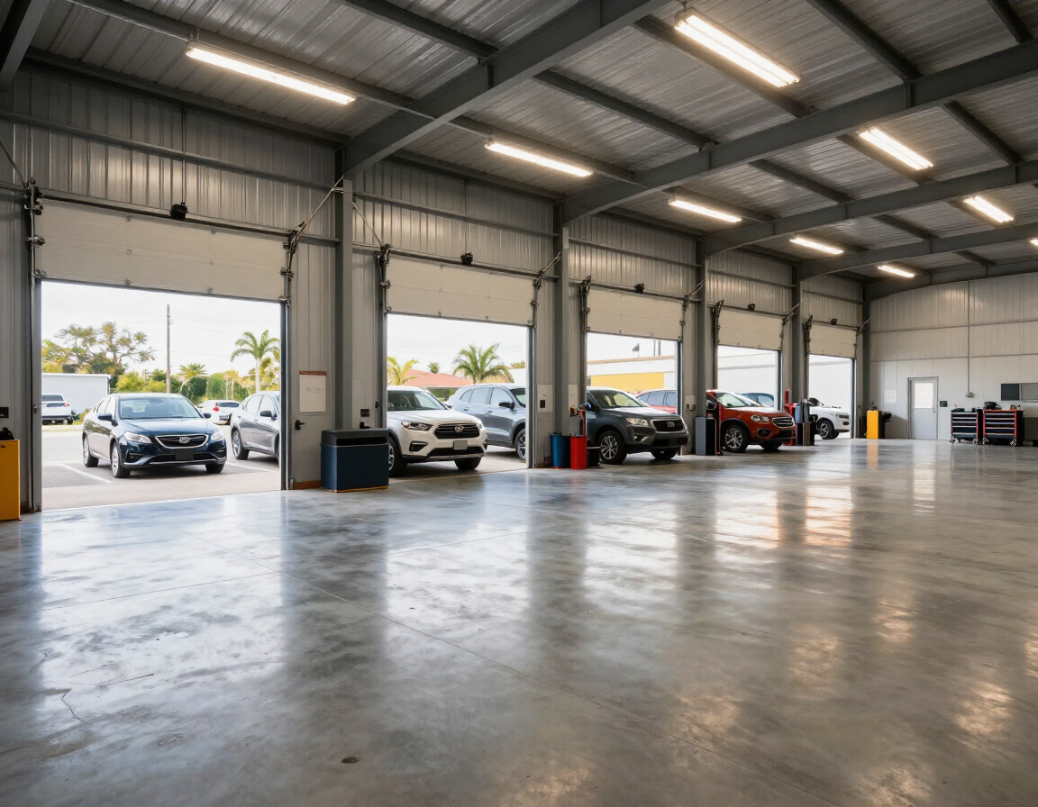 Commercial steel building with large roll-up bay doors open showing auto service shop interior