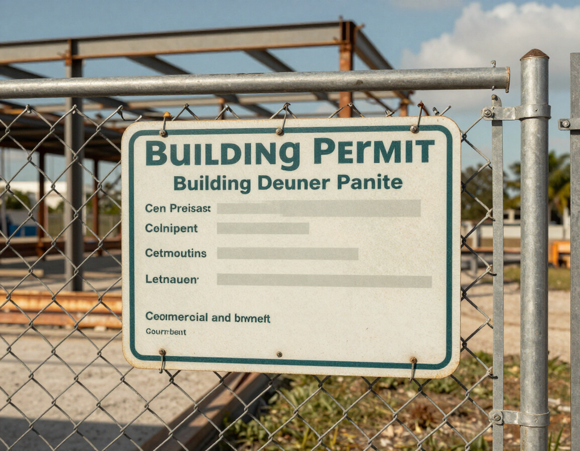 Commercial building permit sign posted on a Florida job site fence with steel structure visible