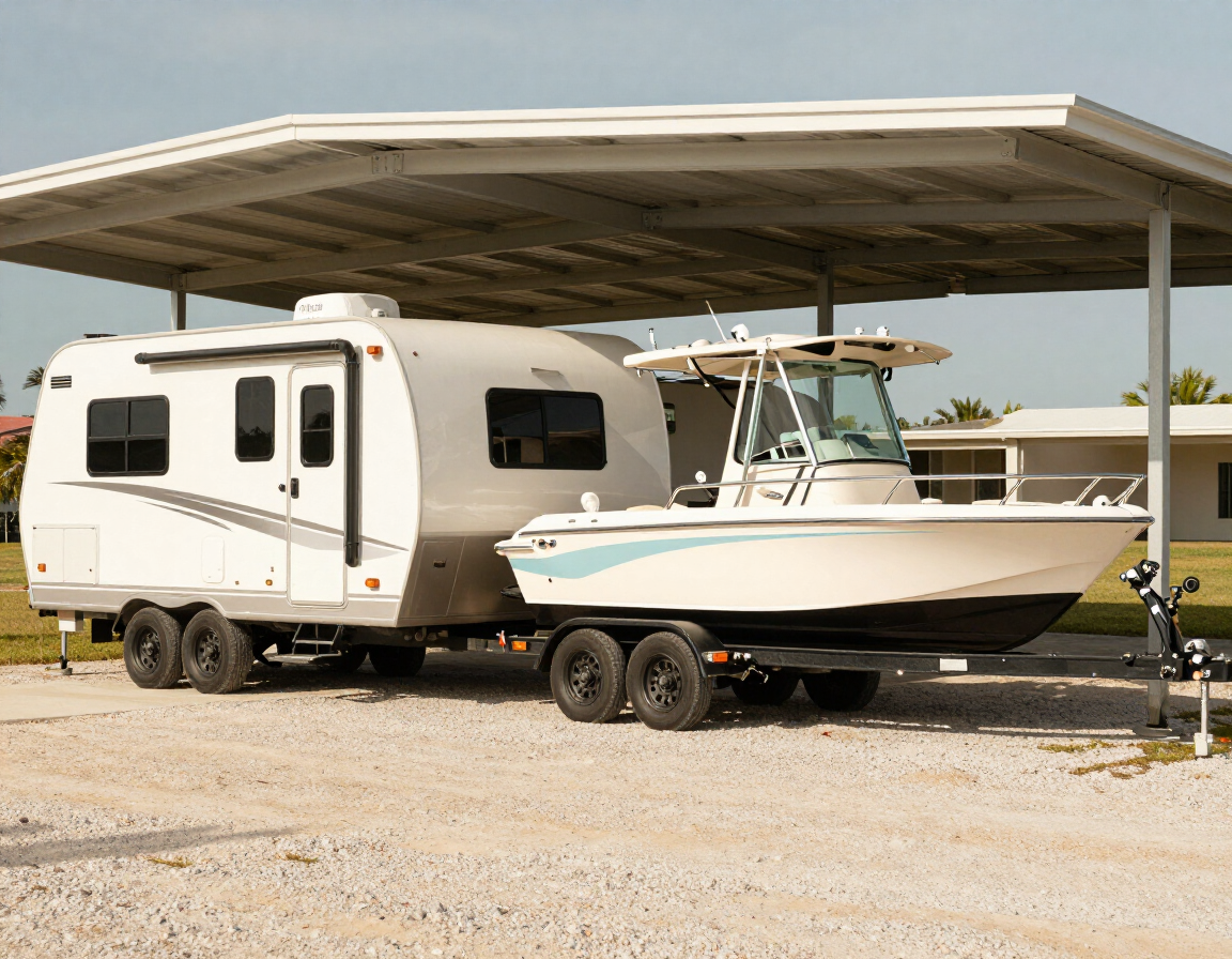 Fifth-wheel and boat side by side under a wide metal cover on a Florida property