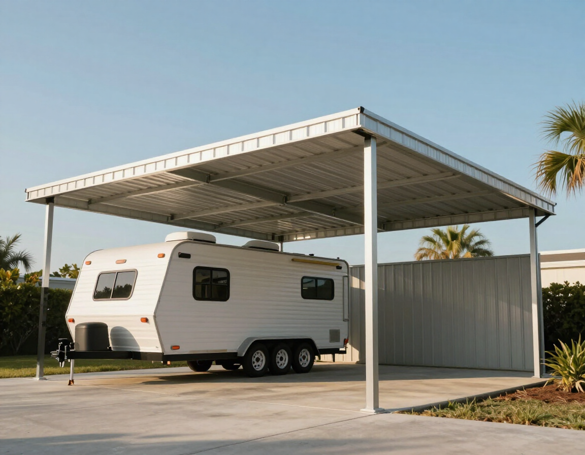 Open-sided vertical-roof metal cover over a fifth-wheel trailer on a concrete pad in Florida