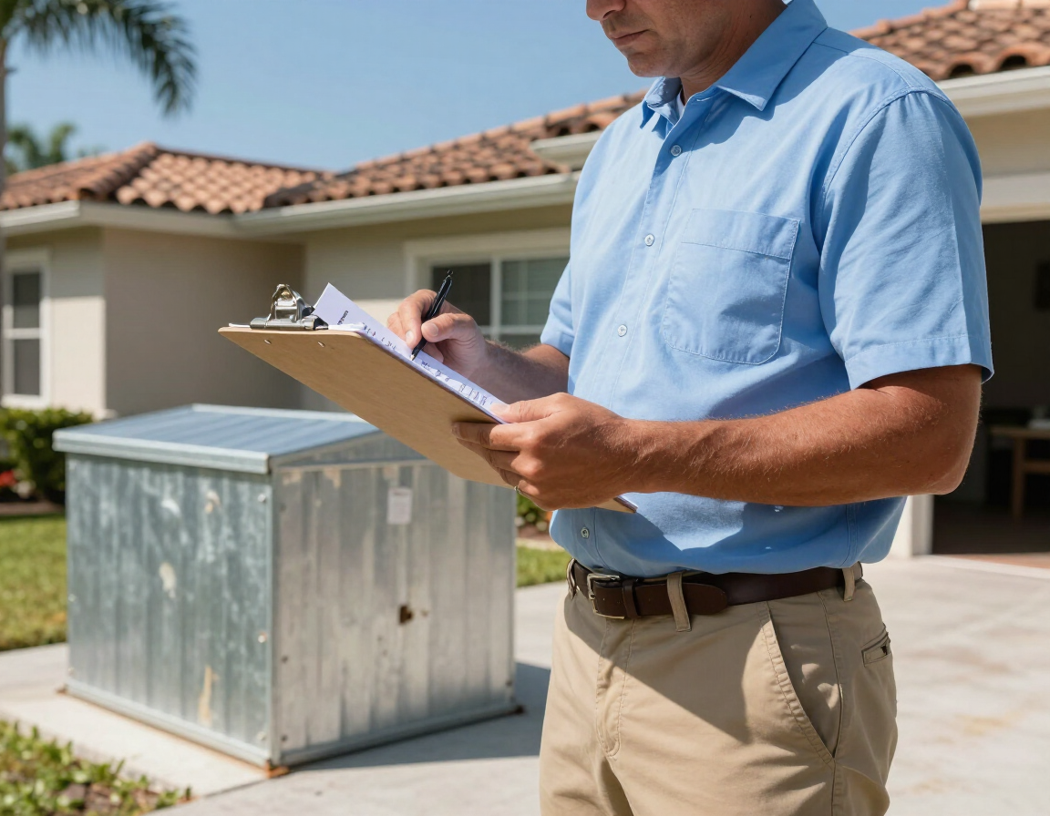 Property owner reviewing a permit document next to a metal cover structure in Florida