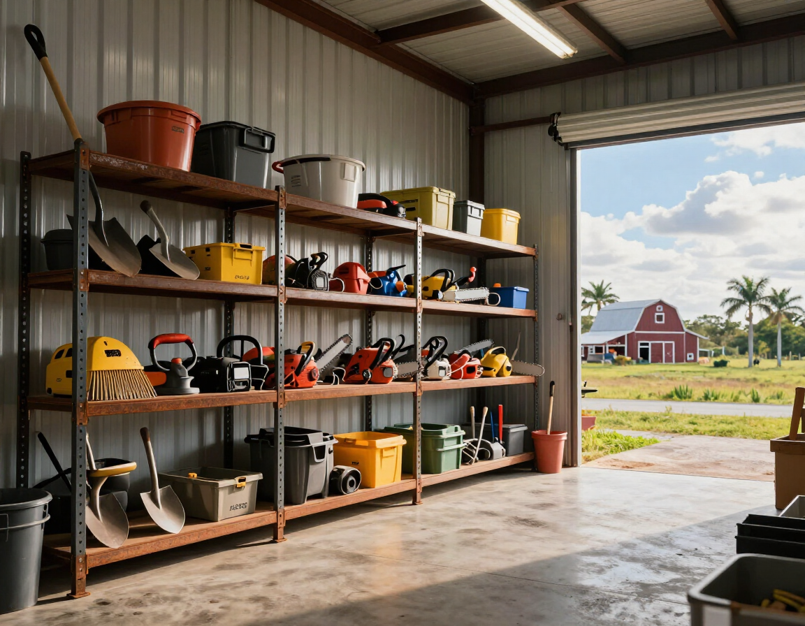 Interior of a metal storage building with organized tools and equipment