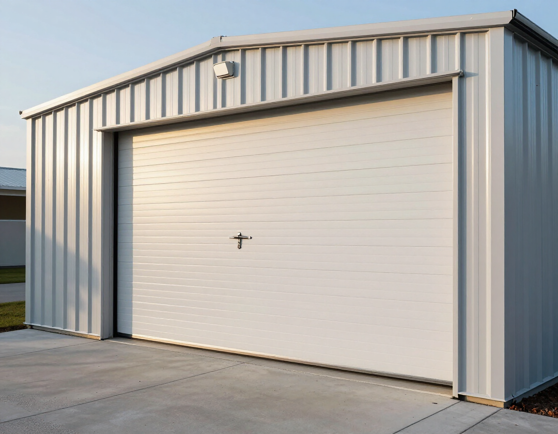 Exterior of a Florida metal storage building with vertical siding and lockable roll-up door