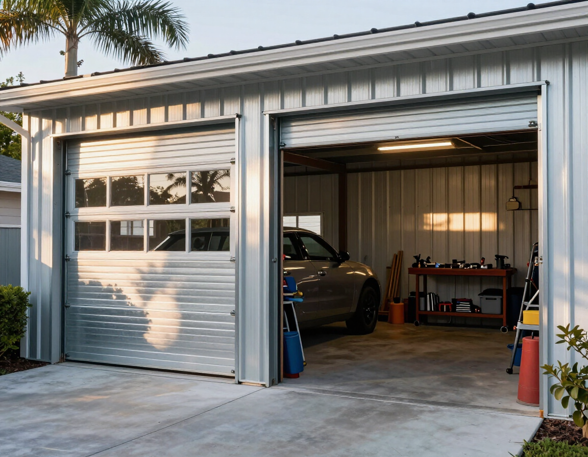 Florida metal garage interior with roll-up door open