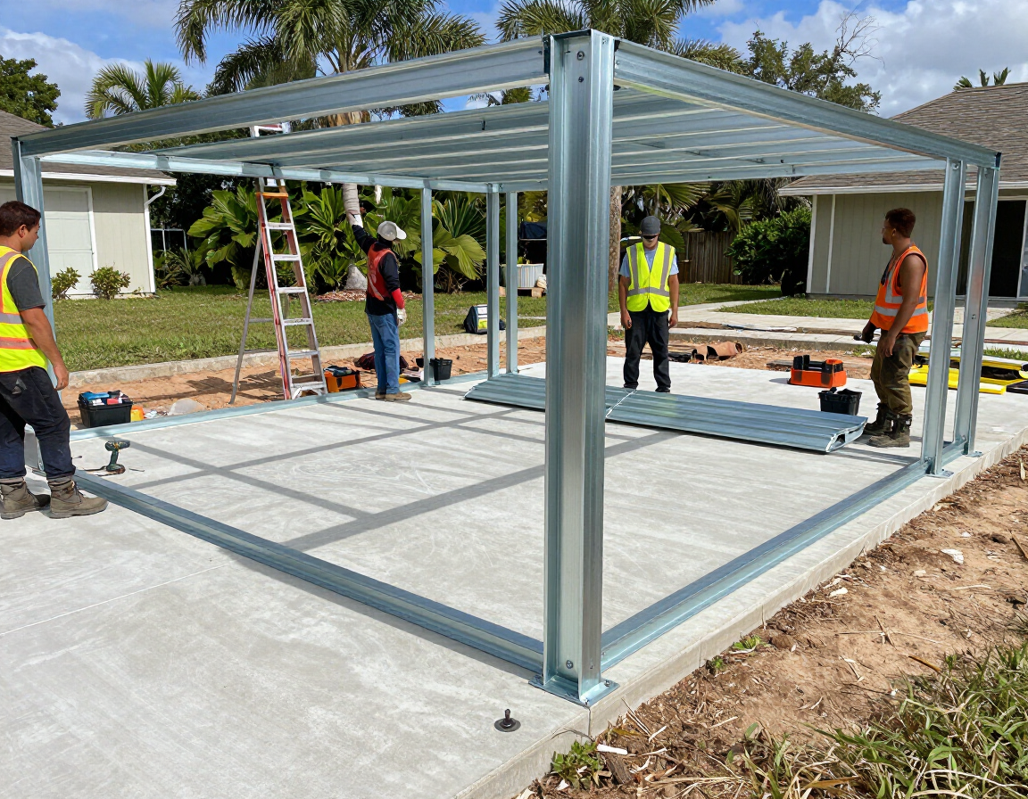 Metal garage installation on Florida residential property