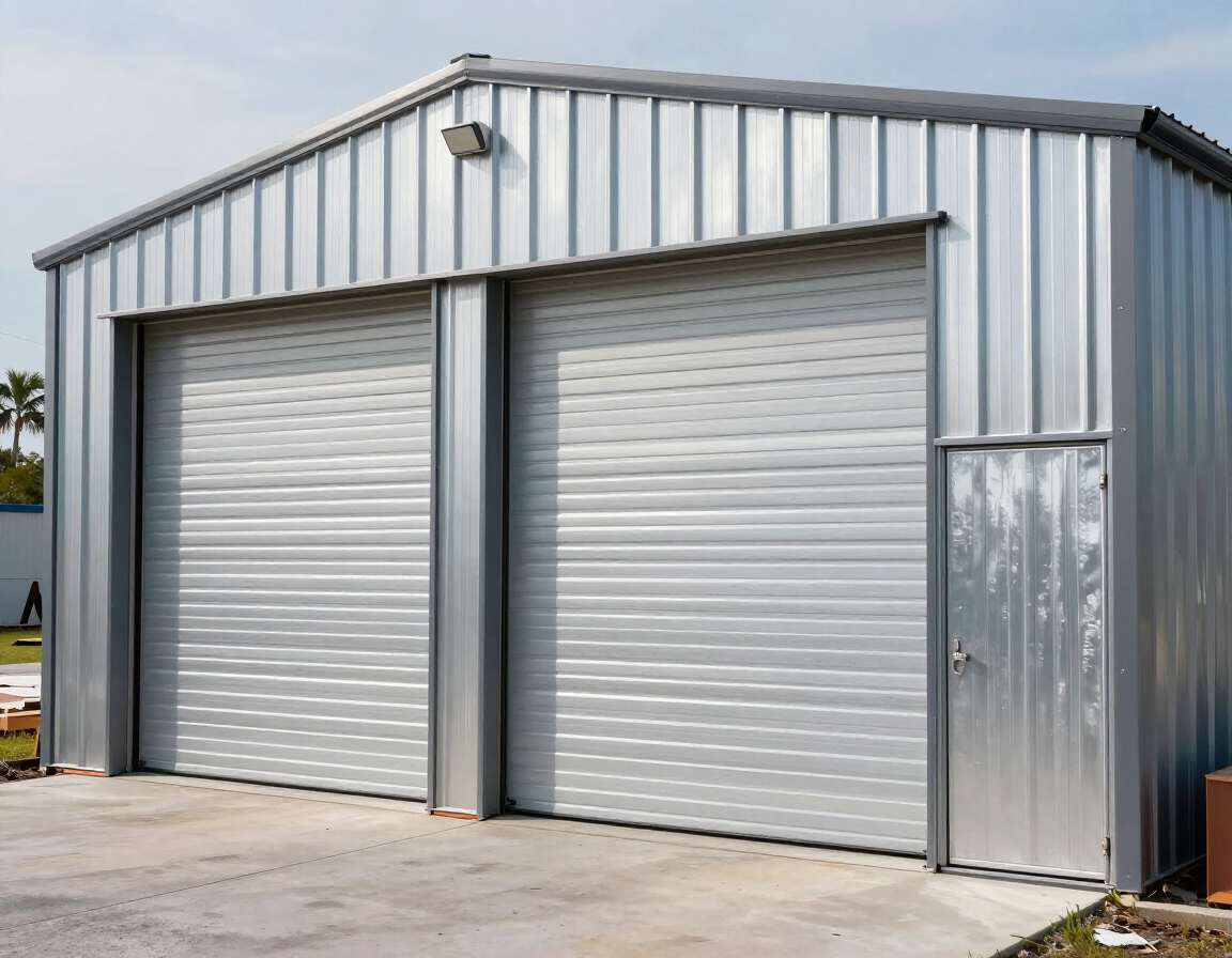 Metal garage with roll-up doors and walk-in door