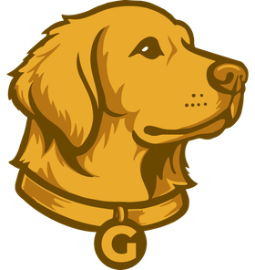 Golden retriever logo with a gold collar and “G” pendant, facing right.