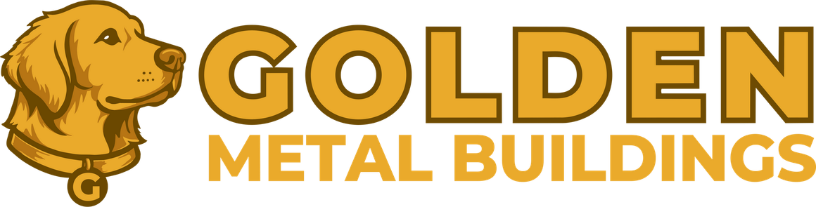 Golden Metal Buildings logo with gold dog icon and bold gold text on white background