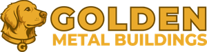 Golden Metal Buildings logo with gold dog head icon and bold gold text on white background