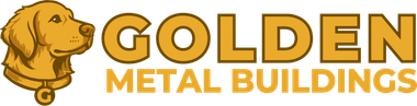 Golden Metal Buildings logo with gold dog head icon and bold gold text on white background