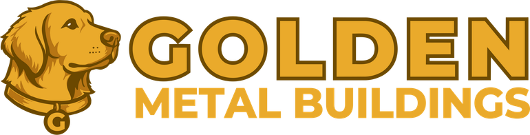 Golden Metal Buildings logo with gold dog icon and bold gold text on white background