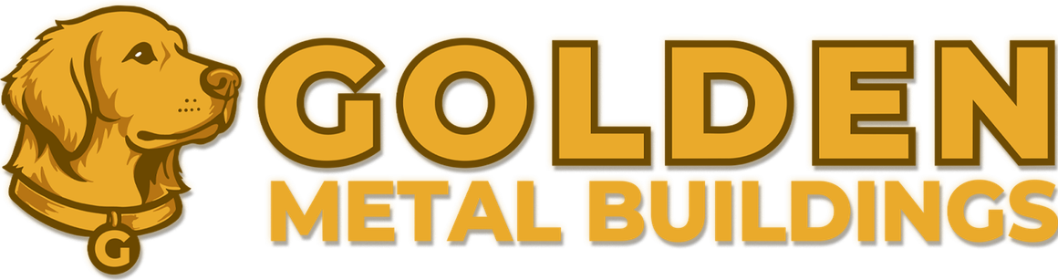 Golden Metal Buildings logo with gold dog icon and bold gold text on white background