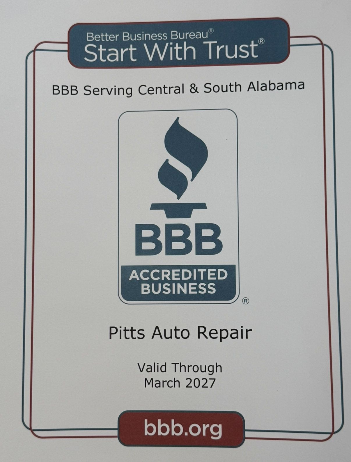 BBB Accredited Business sign for Pitts Auto Repair, valid through March 2027, with blue BBB logo. | Pitts Automotive