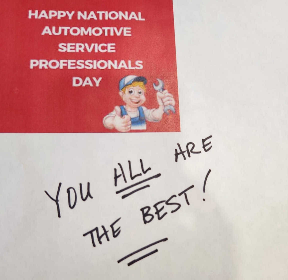 Red card says “Happy National Automotive Service Professionals Day” with handwritten “You all are the best!” | Pitts Automotive