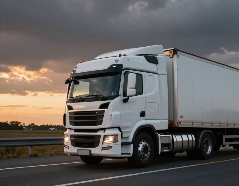 White semi truck on a highway under a golden sunset sky