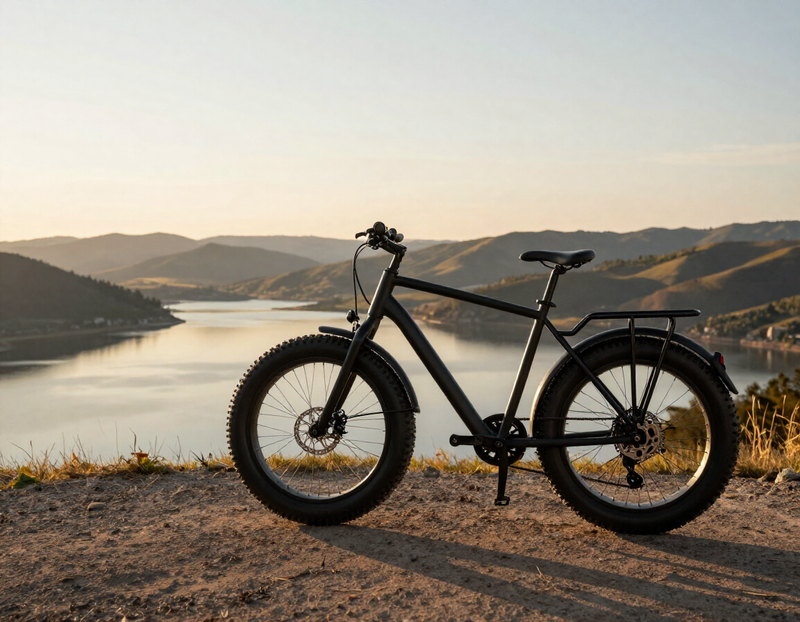 Black fat-tire electric bike at a scenic lake overlook