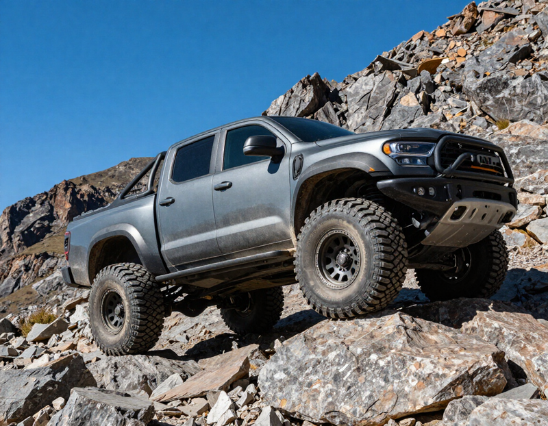 Lifted off-road truck with large mud-terrain tires on rocky mountain terrain
