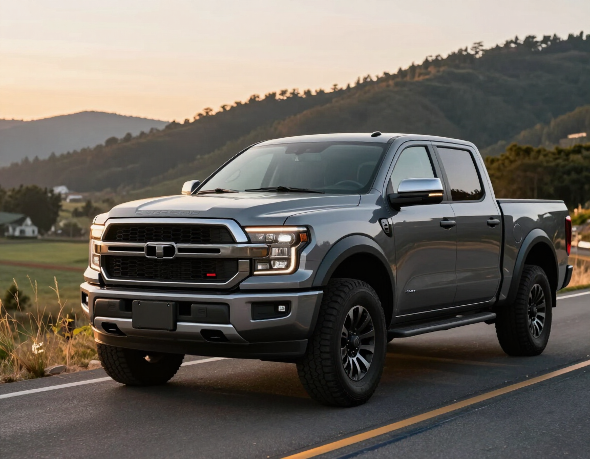 Gray pickup truck on a country road at sunset