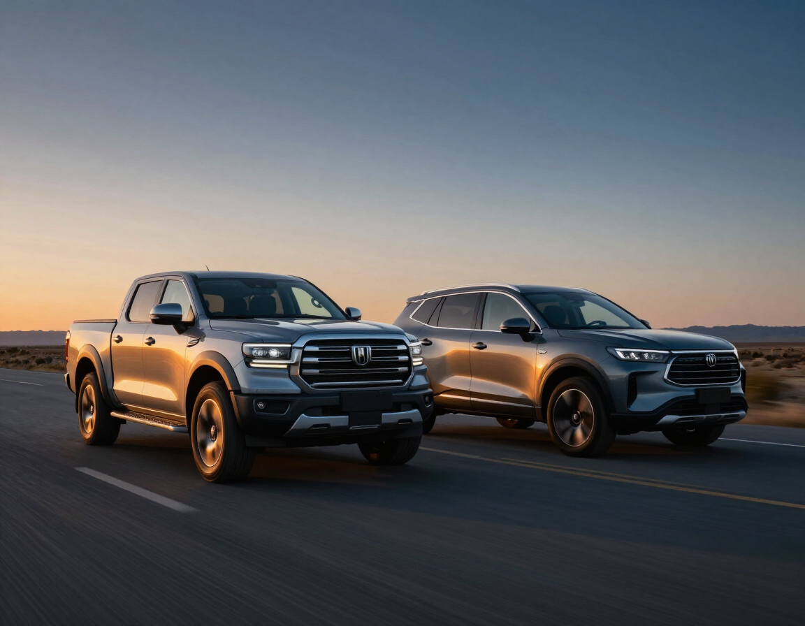Pickup truck and SUV driving on the road at dusk