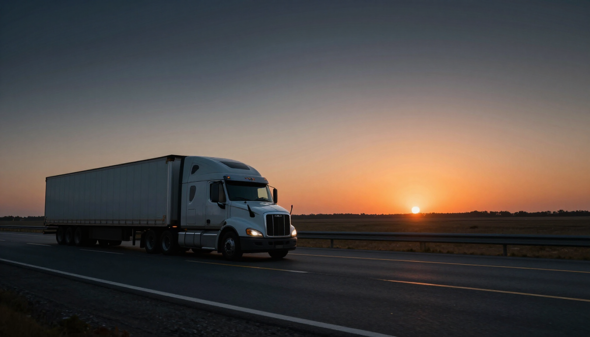 Semi truck driving down an open highway at sunset