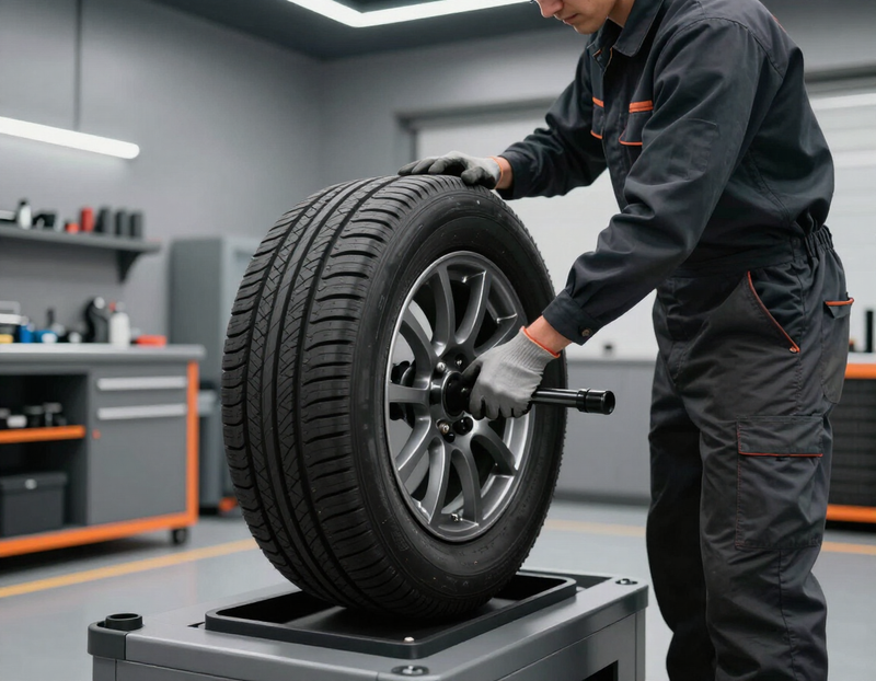 Technician mounting a tire in a clean garage