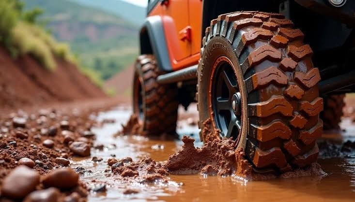 Mud-terrain tire on a lifted truck splashing through red mud