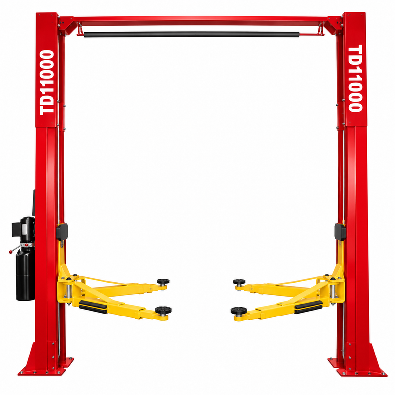 Red TD11000 two-post automotive lift with yellow arms