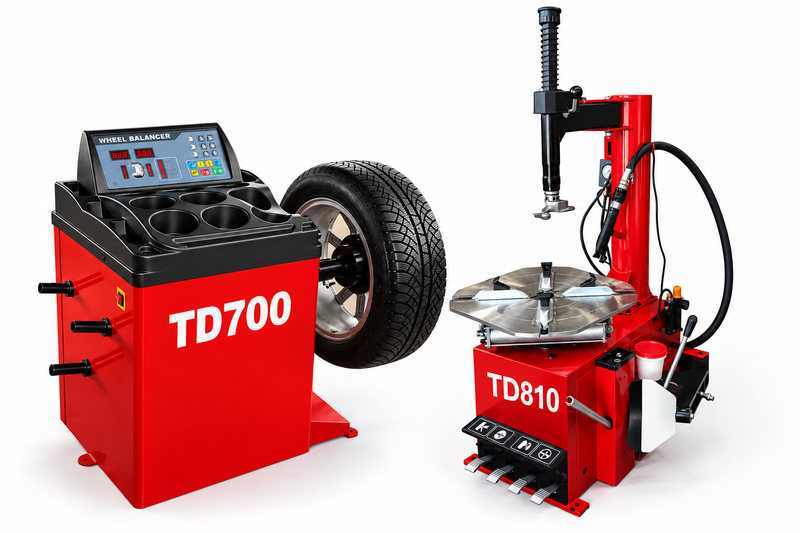 Red TD810 tire changer and TD700 wheel balancer together