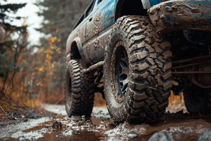 Lifted truck with rugged mud-terrain tires on a muddy forest trail