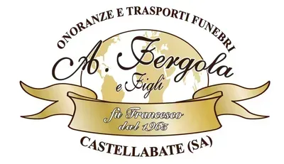 Logo per i servizi funebri e di trasporto di M. Fergola e Figli, con nastro dorato e scritta Castellabate (SA).