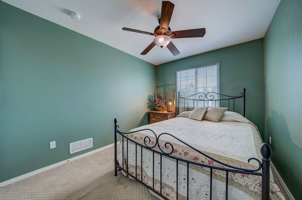 A bedroom with a bed , ceiling fan and green walls.