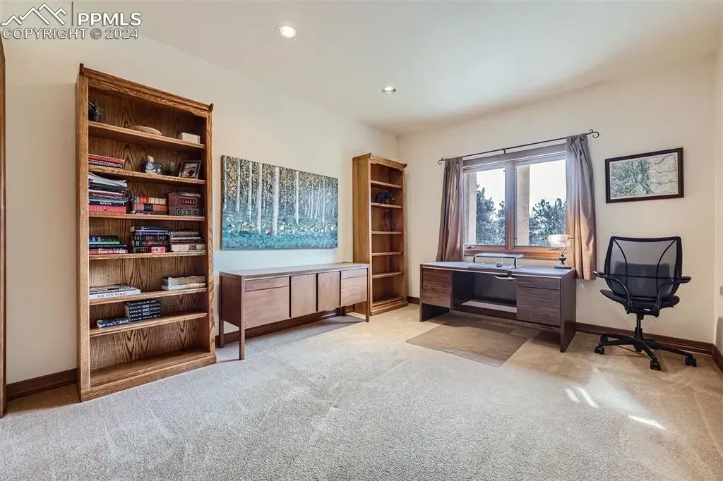 A room with a desk and a chair in it