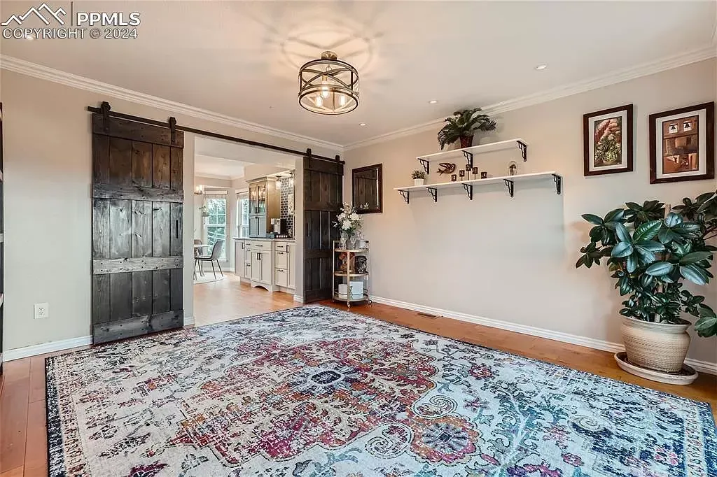 A living room with a large rug and a sliding barn door.