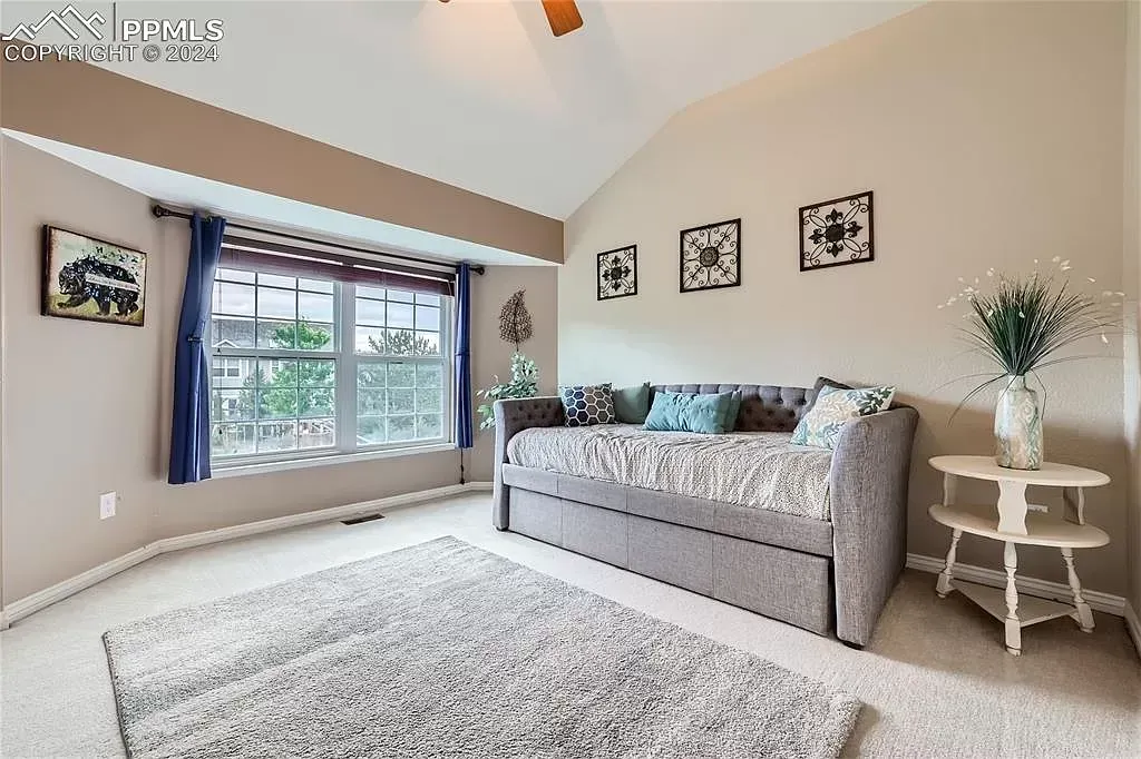 A living room with a couch and a rug