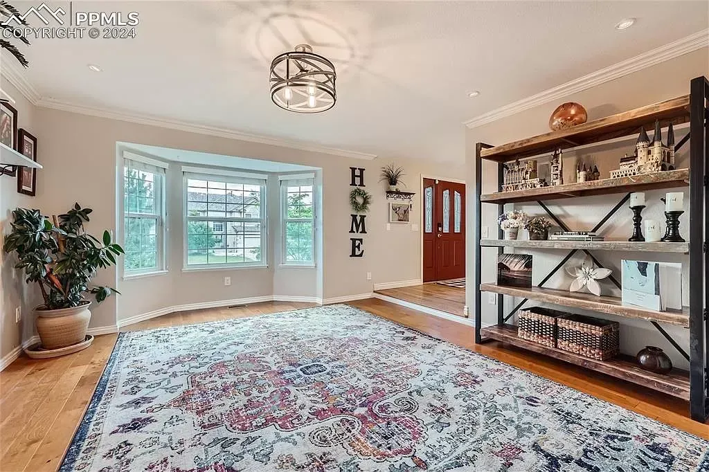A living room with a large rug and a bookshelf.