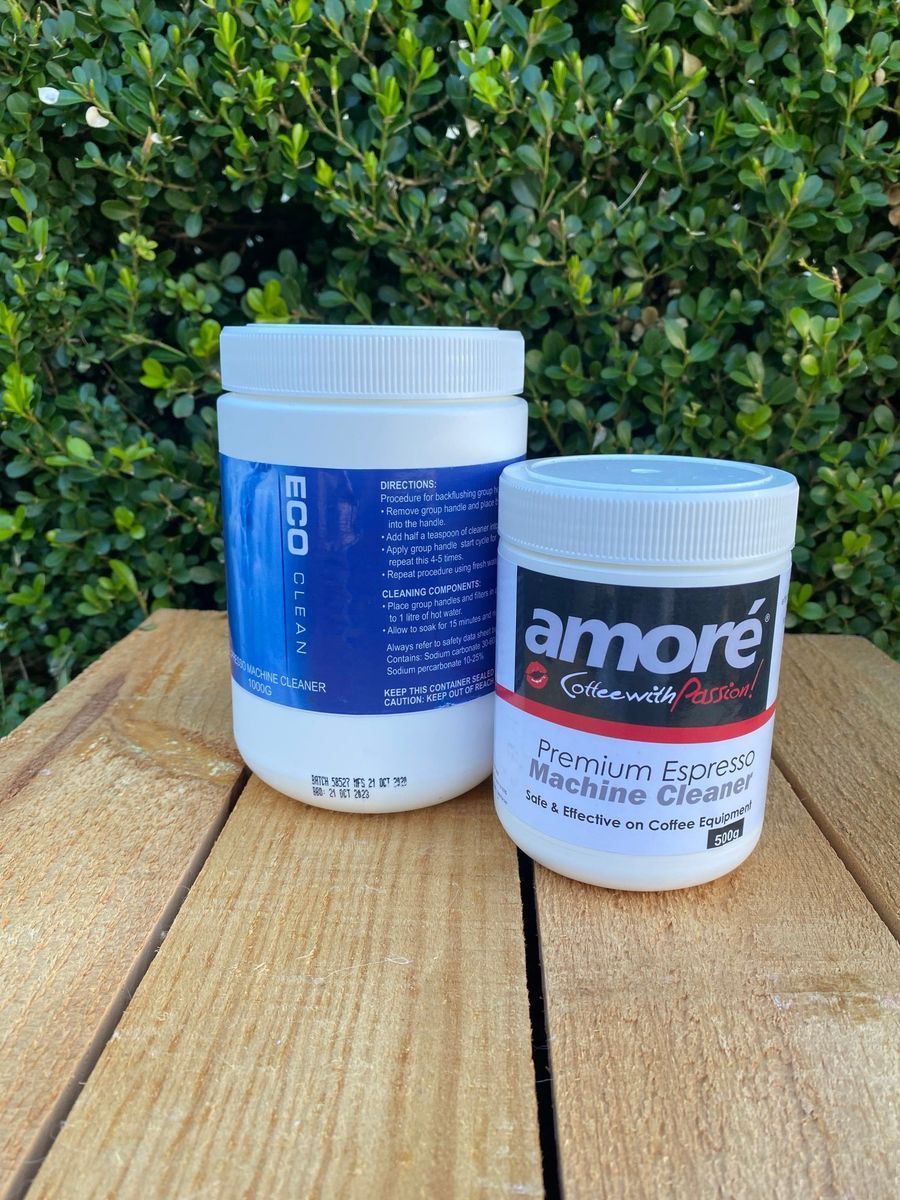 Two white tubs of coffee machine cleaners — Labroco Gourmet Coffee Supplier In Forster, NSW