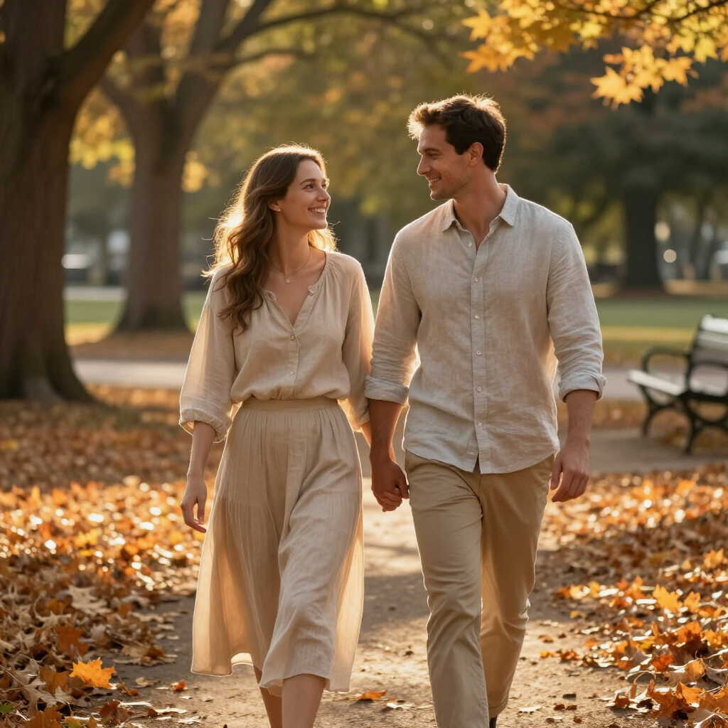 Two people walking hand in hand through a park covered in autumn leaves