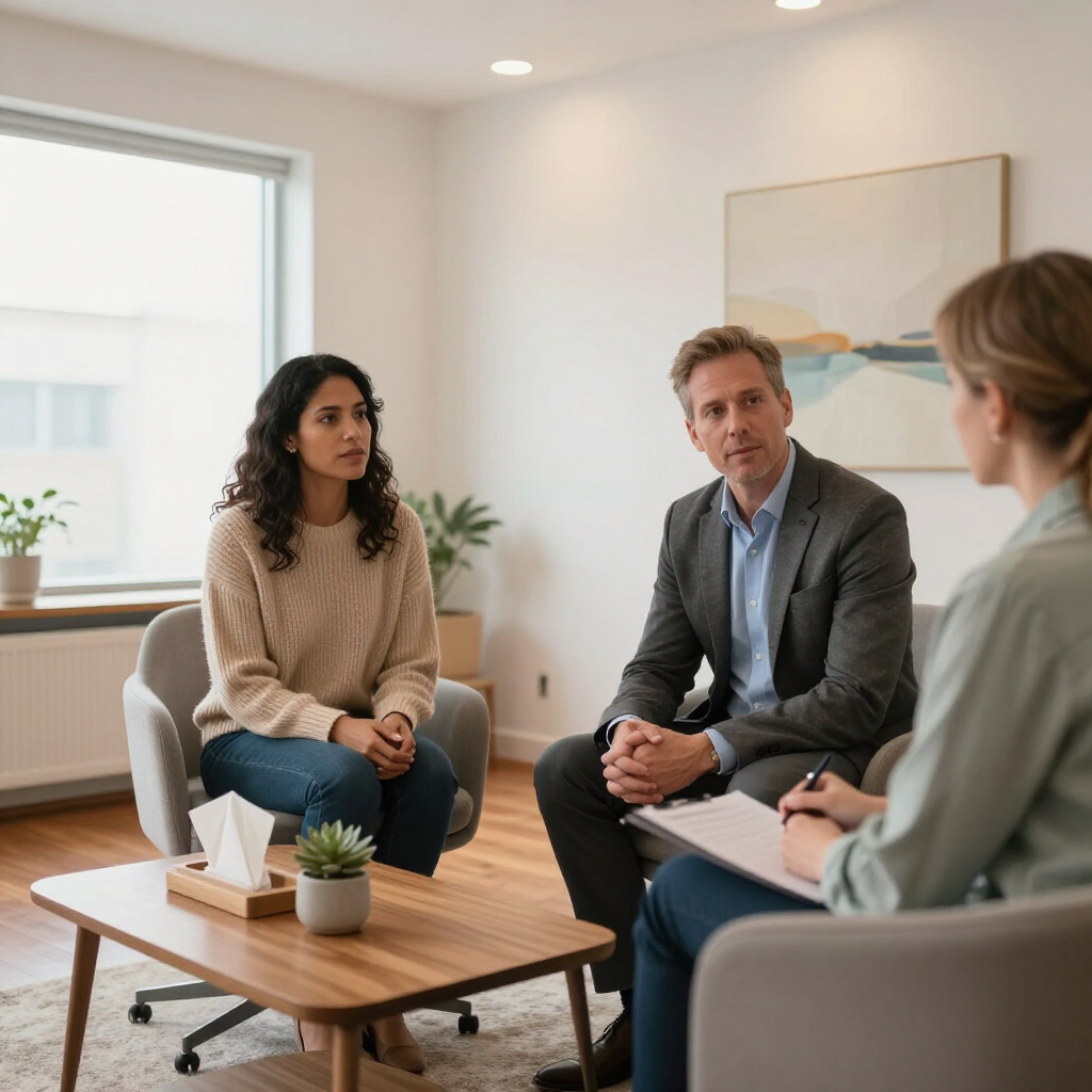 Three people in a bright meeting room discussing around a wooden coffee table.