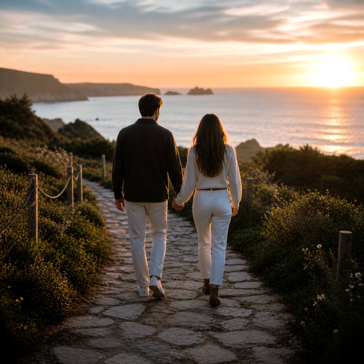 Couple walking hand in hand along a stone path at sunset by the ocean