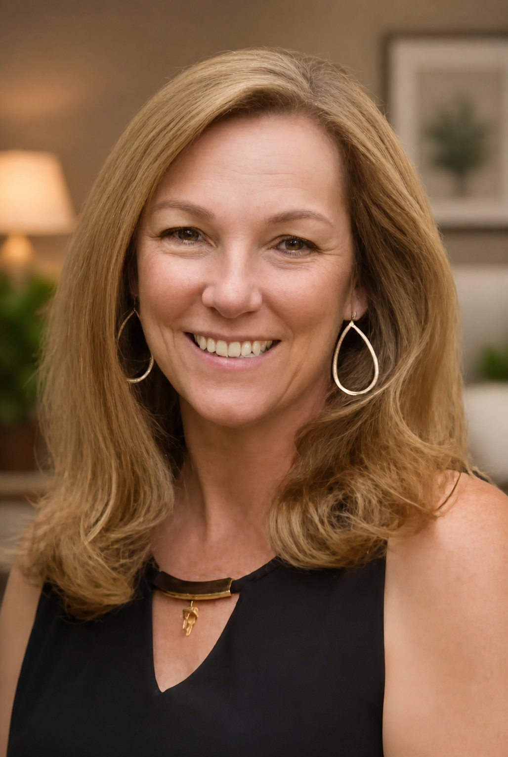 Smiling woman with shoulder-length blonde hair wearing a black top and hoop earrings in a softly lit room