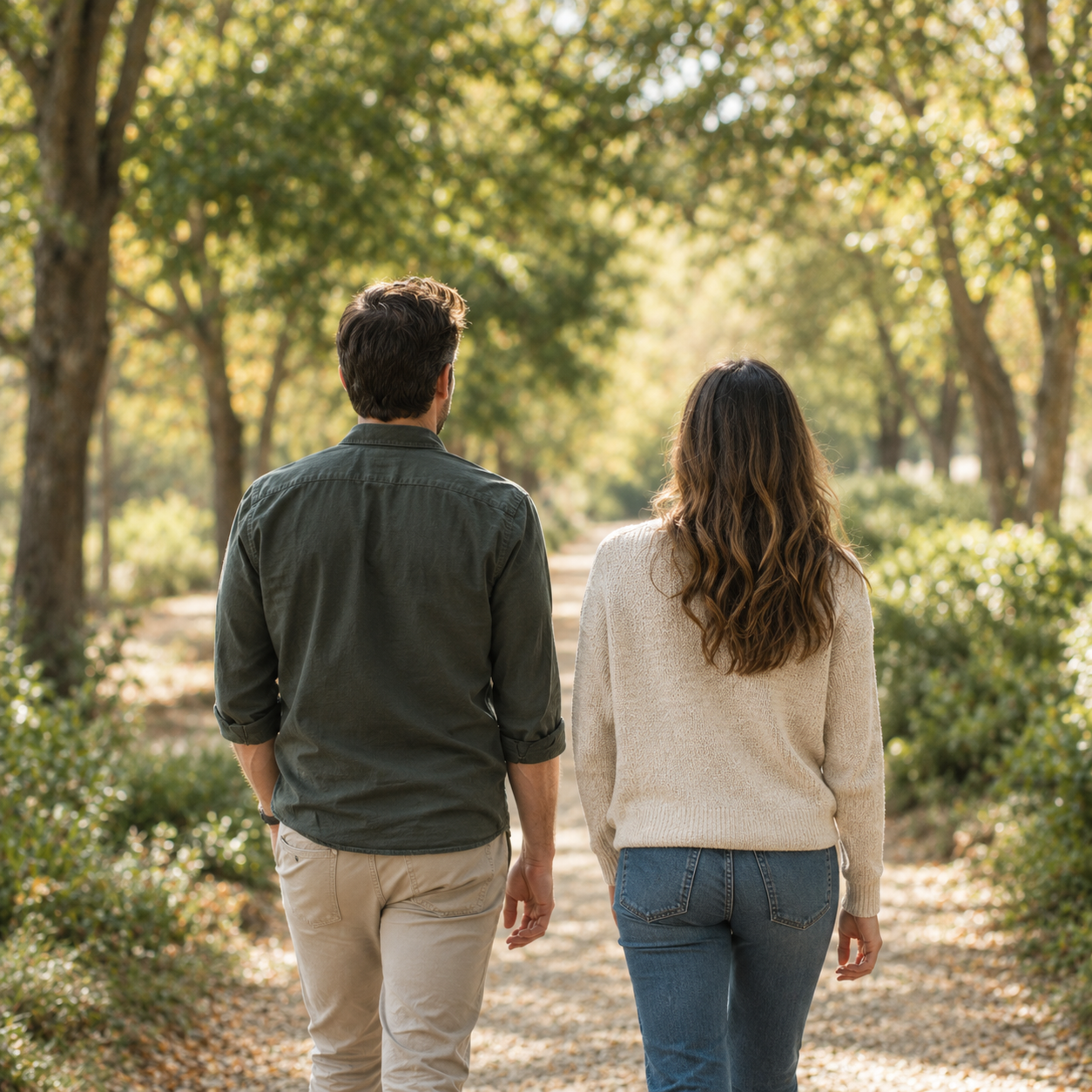 Two people walking hand in hand through a park covered in autumn leaves